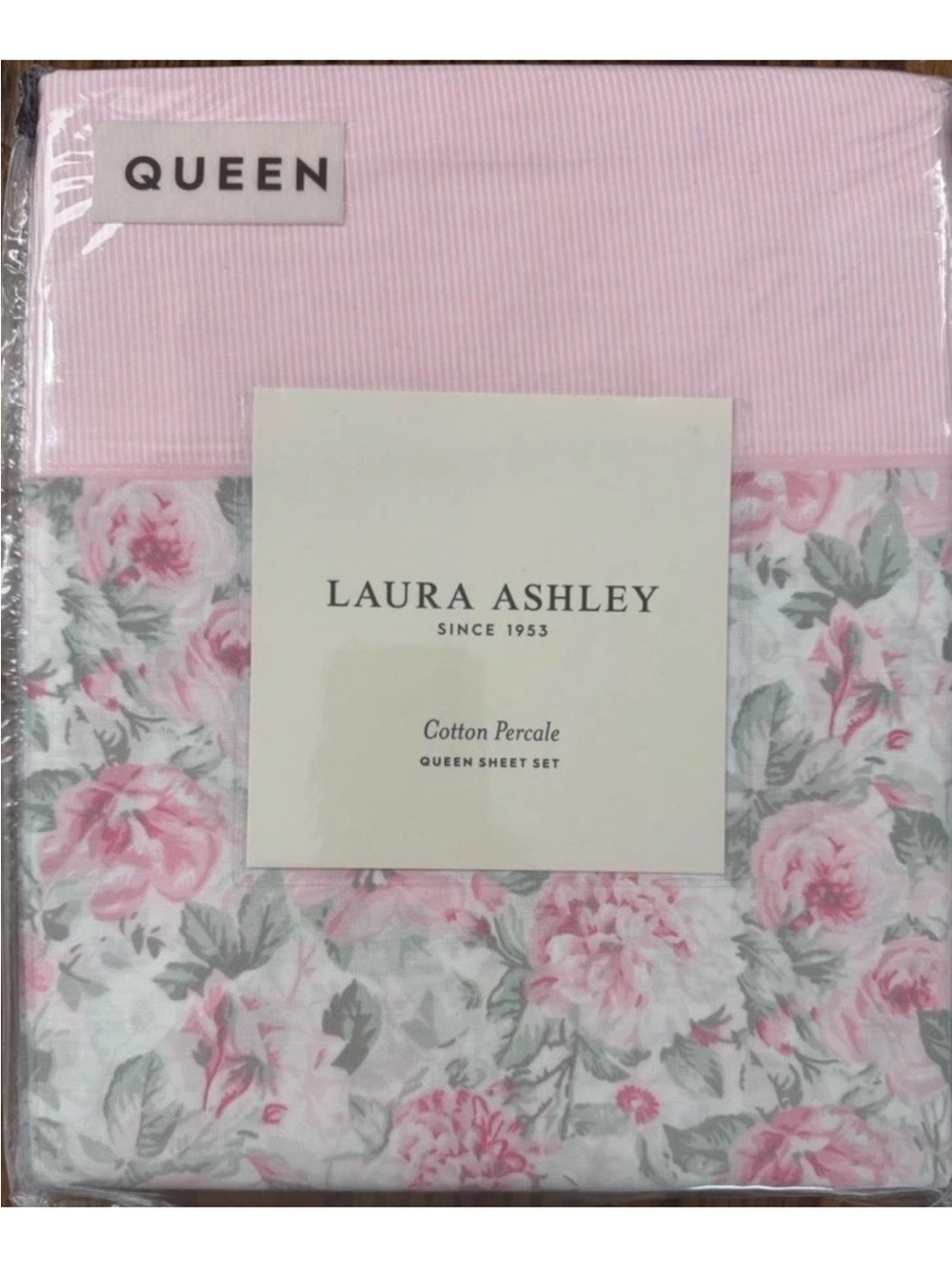 Laura Ashley ~ QUEEN ~ Pink Floral & Pinstripe 4 Pc. Sheet Set 100% Cotton